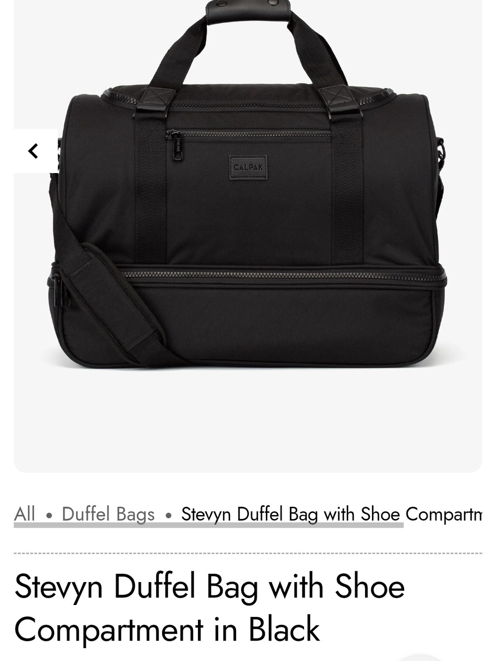 CALPAK Stevyn Duffel Bag with Shoe Compartment in Black UNISEX 19"x14.5"x10.5"